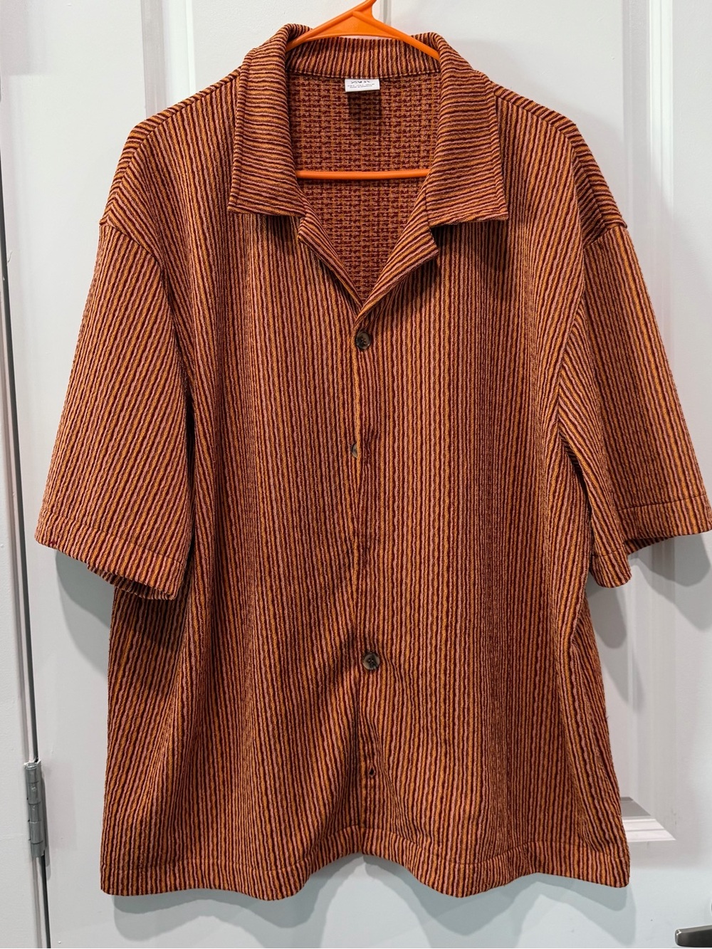 Zara Rust and Black Striped Short-Sleeve Shirt Jacket